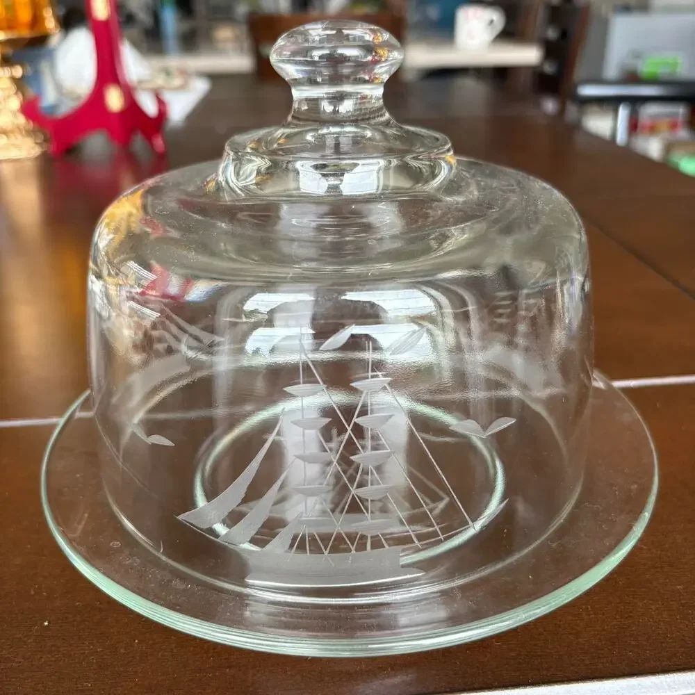 Vintage Etched Glass Cheese Dome w Plate Nautical Ship Cloche Butter DishCoastal